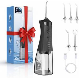 Water Dental Flosser Cordless for Teeth, 350ML Water Dental Flosser Teeth Pick 4 Modes Portable Oral Irrigator with 4 Jet Tips Rechargeable Flossers Oral Irrigator IPX7 Waterproof for Home Travel (Black)
