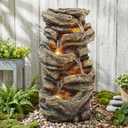 Jocoevol 32" High Outdoor Water Fountain, 5-Tiers Cascading Rock Waterfall Fountain with LED Lights for Garden, Patio, Yard Decor, Soothing Tranquility for Any Outdoor Living Space