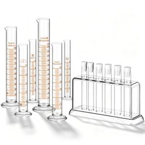 Tellegloww 6 Pcs Glass Graduated Cylinder Set 5ml 10ml 25ml 50ml 100ml 250ml Glass Test Tubes with Rack for Laboratory Science Chemistry Supplies Home Science Lab Party DIY
