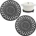2 Pack Cast Iron Trivet, 7.8'' Sunflower Round Metal Trivets with Rubber Feet Caps, Heavy-Duty Heat Resistant Hot Pot Stand Dishes Holder for Kitchen, Dining Table, Countertop