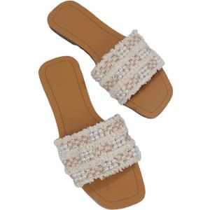 GORGLITTER Women's Summer Beach Flat Cute Sandals 2025 Color Block Faux Pearls Decor Leather Flat Slides (Beige and Brown)