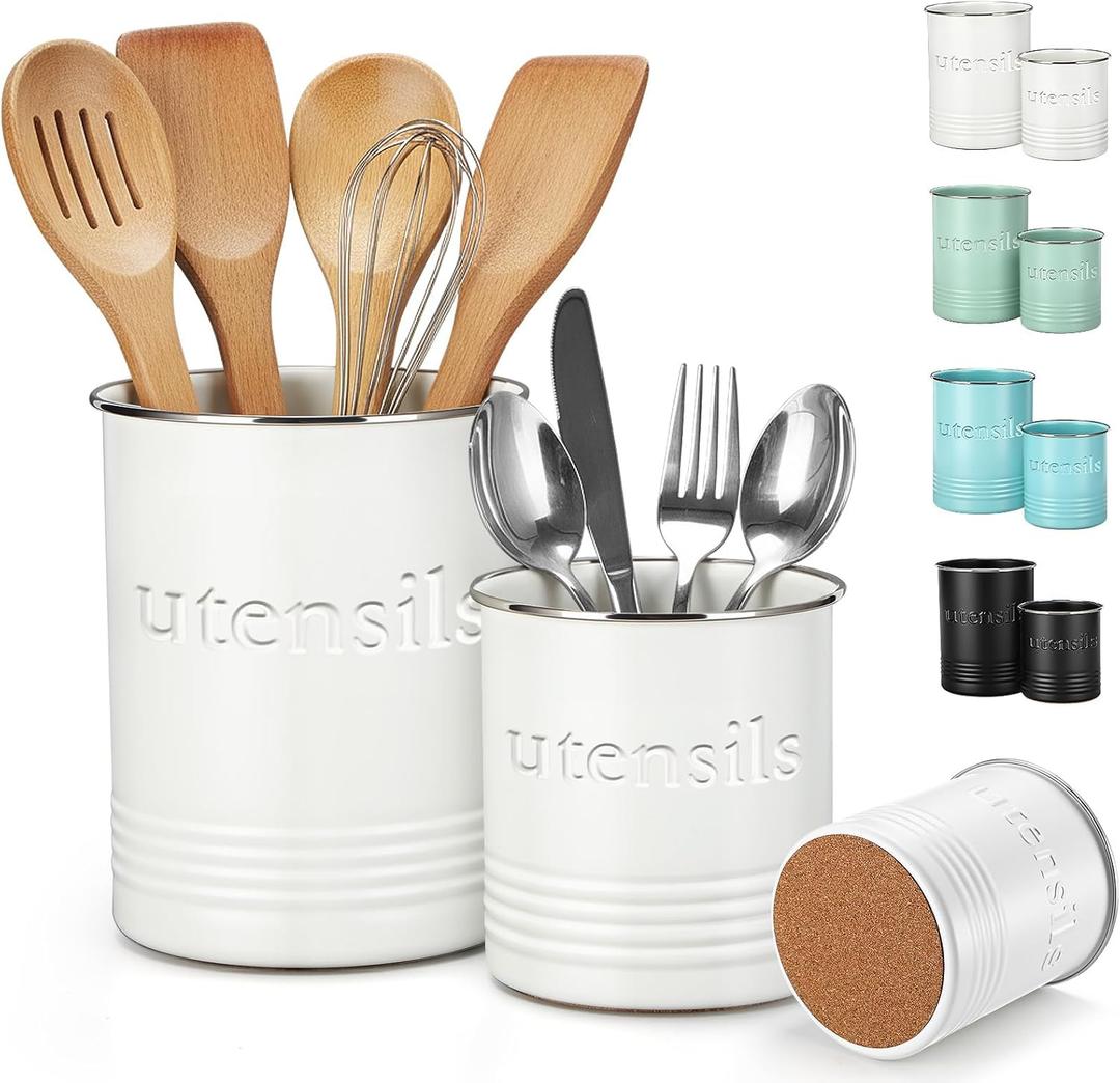 FoldTier 2 Pack Kitchen Utensil Holder for Counter 6.7"+4.7" Farmhouse Cooking Utensil Crock with Cork Bottom Modern Farmhouse Decors Countertop Storage Organizer Caddy Housewarming Gift (White)