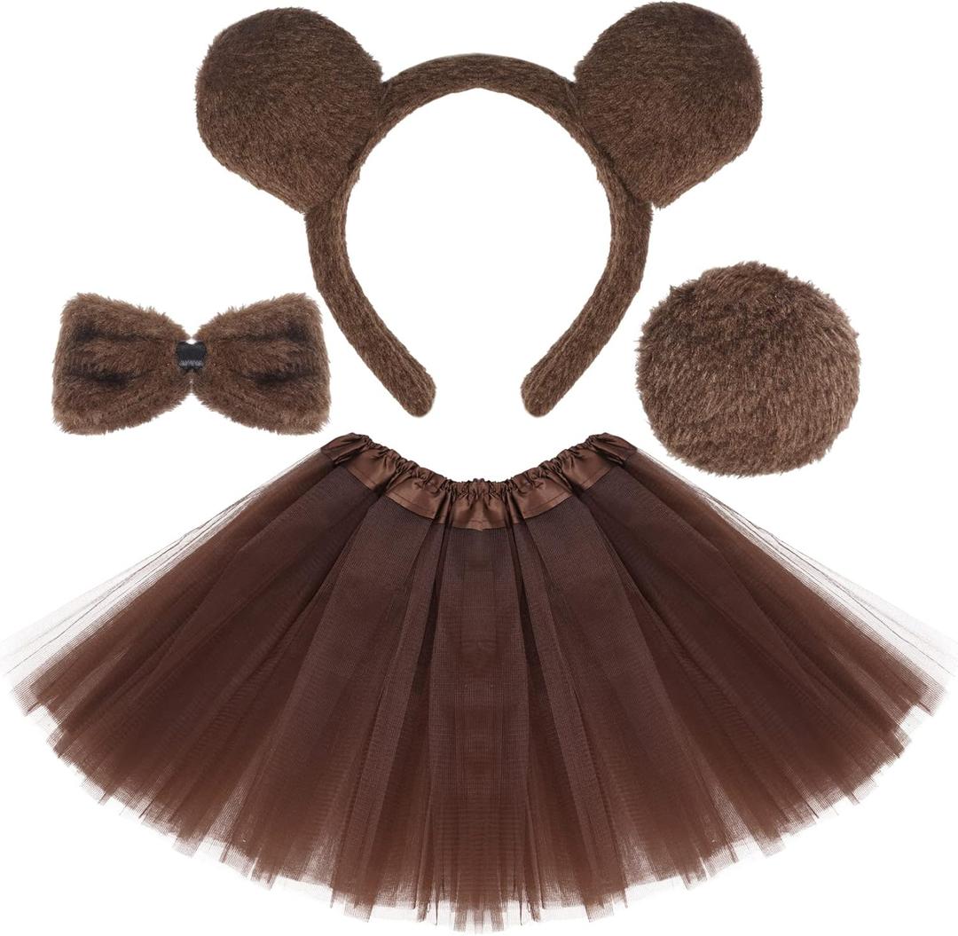 Kids Animal Brown Bear Costume Bear Ears Headband Bowtie Tail Tutu Skirt Animal Fancy Costume Kit Halloween Cosplay Party Accessories for Girls Boys