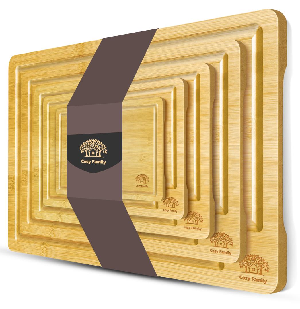 Cosy Family Wood Cutting Boards for Kitchen - Set of 5 - Bamboo Cutting Boards with Juice Groove, Serving Board Set, Thick Chopping Board for Meat, Veggies, Easy to clean