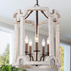 LOG BARN Farmhouse Chandelier, 5-Light Lantern Chandelier for Foyer, Kitchen Island, Dining Room, Weathered White Wood, 16.5’’ W