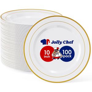 JOLLY CHEF 100 Pieces Gold Plastic Plates, 10 Inch Elegant Disposable Dinner White with Gold Rim, Disposable Plastic Plates for Dinner, Birthdays and Weddings