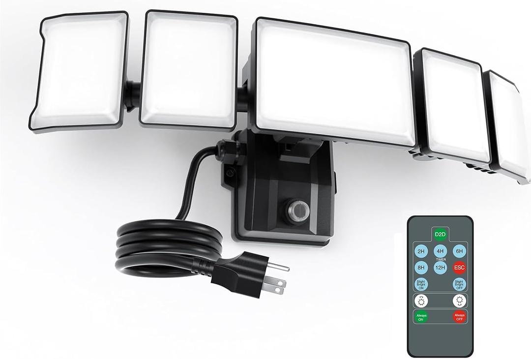 Olafus 120W Plug in Flood Lights Dusk to Dawn LED Outdoor Light with Remote, 5 Adjustable Heads IP65 Waterproof LED Security Light with Photocell for Yard Garden Porch Black