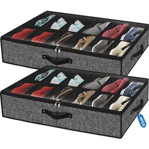 Under Bed Shoe Storage Organizer for Closet Fits 24 Pairs-Sturdy Underbed Shoe Storage Box Bins,Set of 2 (Linen-like Black)