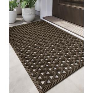 DEXI Front Door Mat Outside Entrance Rubber 19x30, Welcome Floor Doormat Heavy Duty Non Slip, Dirt Trapper Waterproof Exterior Entry Mats All Weather for Patio Entryway Drainage, Brown