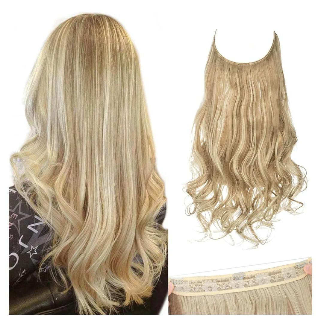 SARLA Hair Extensions Invisible Wire Dirty Blonde Highlight Wavy Curly Synthetic Hairpieces Balayage for Women Long 18 Inch Adjustable Headband No Clip