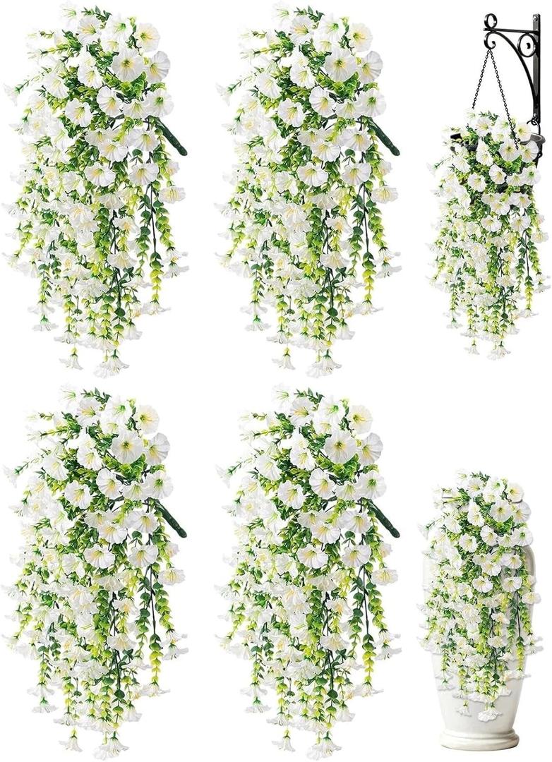 Artificial Hanging Flowers for Outdoors, 4 PCS UV Resistant Morning Glory Flowers with Eucalyptus Leaves, Silk Fake Flower Realistic Faux Plants for Home Patio Porch Garden Decor, White