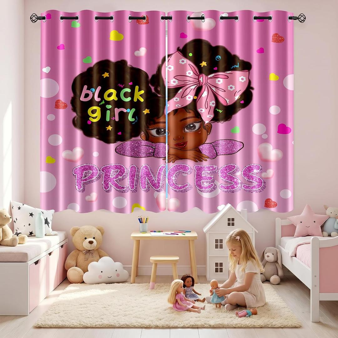 African Girl Curtains Black Girl Curtains Room Decor Blackout Window Drapes Pink Princess Drapes for Girls Bedroom 2 Panel Sets, 82''63''