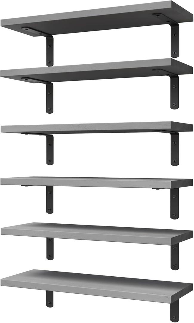 WOPITUES Wood Floating Shelves Set of 6, Shelves for Wall Decor, Farmhouse Shelf for Bedroom, Bathroom Storage Shelves, Book Shelves for Living Room,Grey