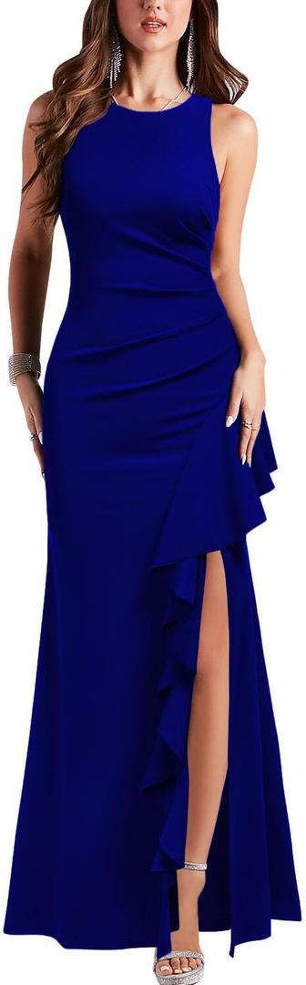 WOOSEA Women's Scoop Neck Sleeveless Split Bodycon Mermaid Evening Cocktail Long Dress (Royal Blue, M)