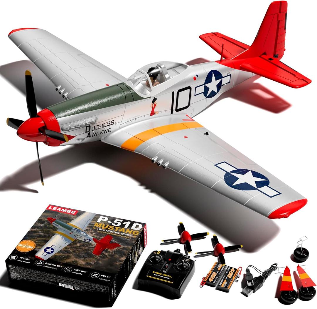 LEAMBE Brushless 4 Channel RC Plane, Ready to Fly Aerobatic Aircraft, Easy Control for Beginners, P51 Mustang RC Airplane for Adults Red, Extra Large