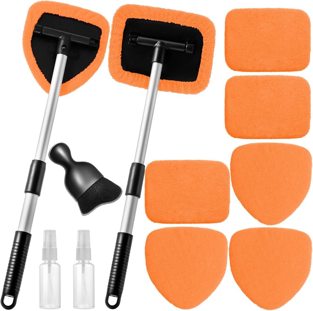 11pcs Windshield Cleaner Tool, Car Window Cleaning Wash Kit with 6 Reusable Microfiber Pads 2 Spray Bottles and Extendable Handles Auto Glass Wiper Kit, Orange