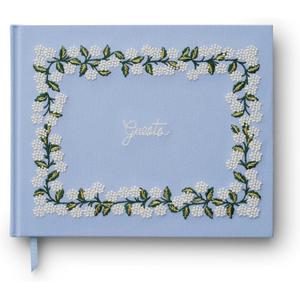RIFLE PAPER CO. Hydrangea Embroidered Fabric Guest Book | Hard Cover Wrapped in Book Cloth & Ribbon Bookmark, (144 Ruled Pages Metallic Gold Ink, 10.25" W  8.25" L)