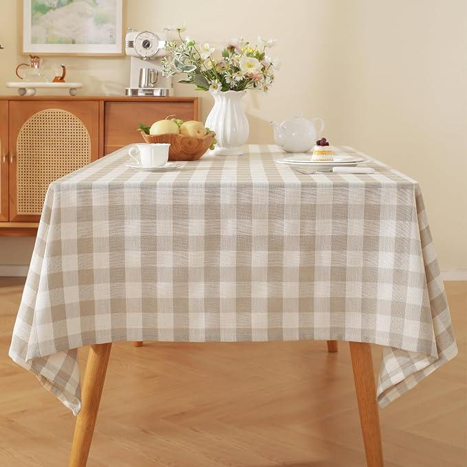 Gingham Tablecloth Square, Buffalo Checkered Table Cloth, Cotton Linen Wrinkle Free Washable Farmhouse Fabric Plaid Table Cover for Kitchen Outdoor Picnic,54"x 108", Beige  