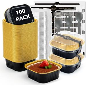 Ruckae 10oz 100 Pcs Square Mini Loaf Pans with Lids-Disposable Foil Dessert Containers,Mini Cake Pans with Lids,Aluminum Dessert Cups for Parties and Weddings (Black Gold, 10oz)