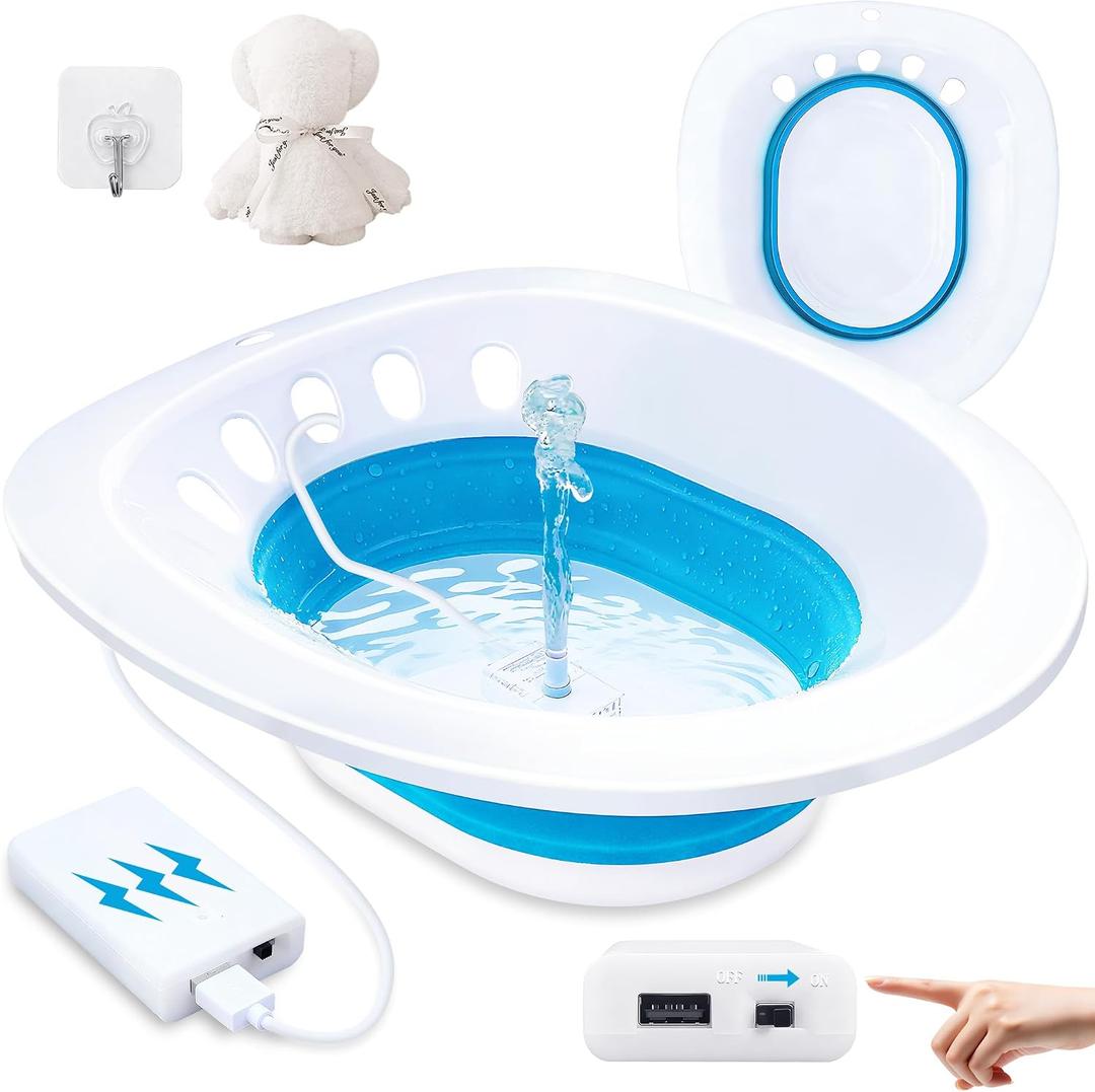 Electric Sitz Bath, Sitz Bath for Hemorrhoids, Sitz Bath for Toilet Seat, Sitz Bath for Postpartum Care, Sits Bath Kit for Women, Automatic Flushing, Foldable, Fits Universal Toilet (Blue Electric)