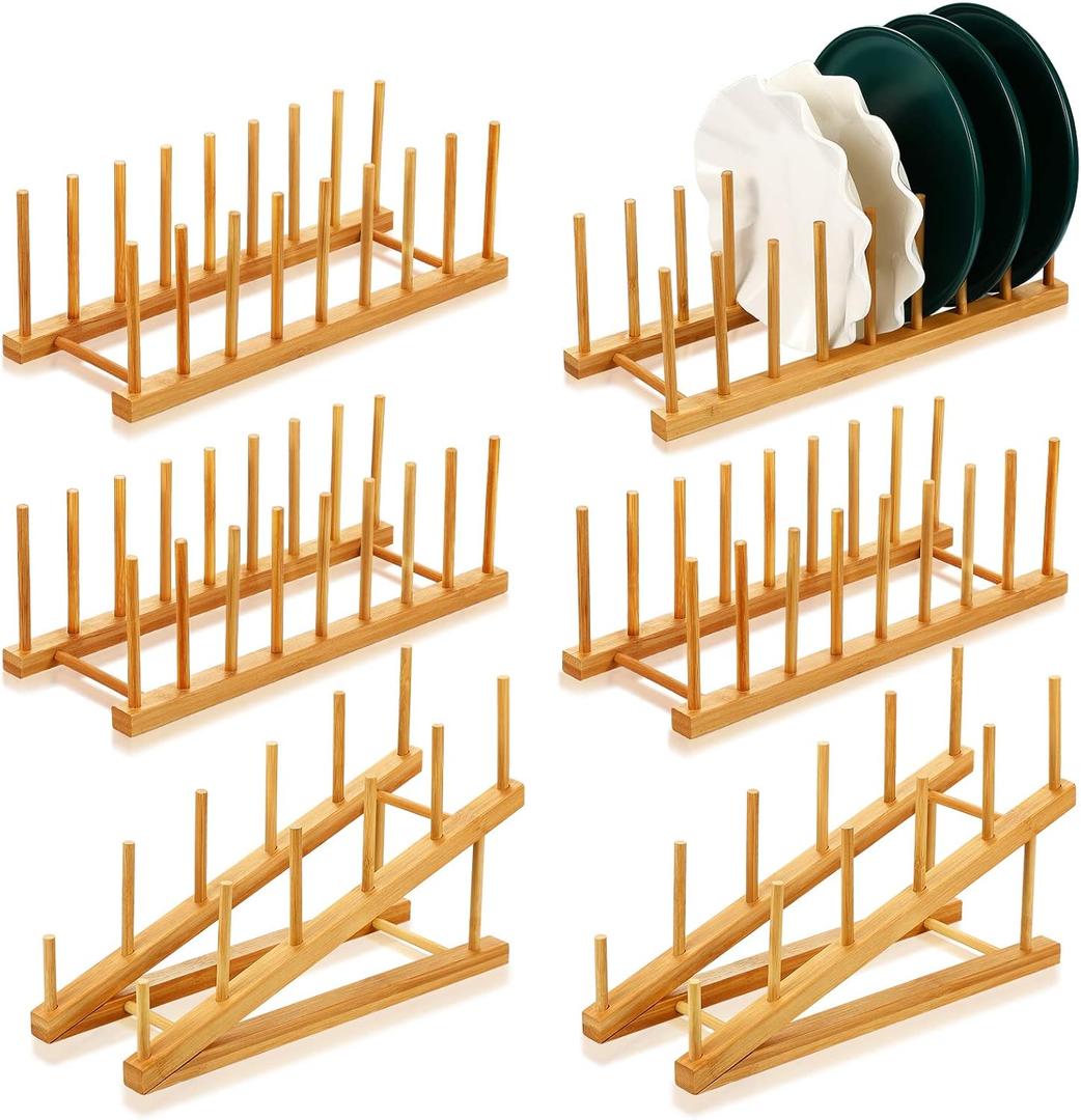 6 Pcs Bamboo Dish Rack 8 Slots Wooden Plates Rack Drying Organizer for Cabinet Classroom Book Organize Pot Lid Holder Bowl Cup Cutting Board Wood Display Stand for Kitchen Cabinet Storage Organizer