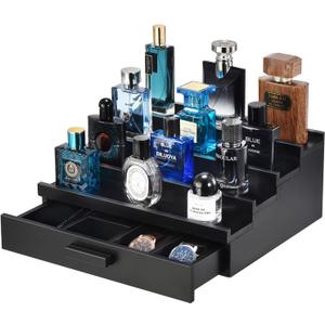 Perfume Organizer for Men, 4 Tier Wood Perfume Display Stand with Velvet Lining Drawer and Hidden Compartment for Watch,Jewelry,Perfume Display Risers,A Gift for Men (Black)