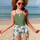 KANGKANG Girls Swimsuit Quick Dry Cut Out One Piece Swimsuits with Tropical Print Cover Up Skirt Bathing Suit Swimwear 13-14Y