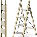 WOA WOA 4 Step Ladder, Ladders for Home, Anti-Slip Pedals, Aluminum Step Stool Foldable, Lightweight to Move, Ease of Storage, Reach 9ft for Closet Kitchen Library, Hold 300lbs - Gold