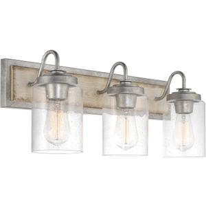 Kira Home Greyson 22" 3-Light Farmhouse Vanity/Bathroom Light + Cylinder Seeded Glass Shades, White Ash Wood Style + Galvanized Steel Finish