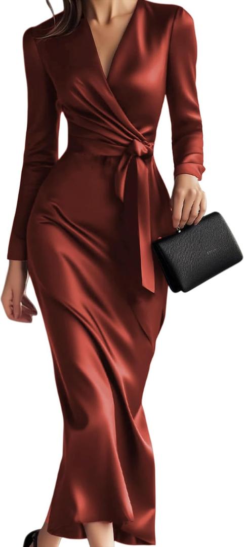 Women Long Sleeve V Neck Tie Waist Satin Elegant Formal Cocktail Wedding Guest Bodycon Midi Dress M