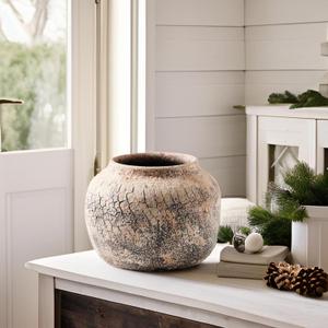 ALMA Artisanal Textured Ceramic Vases Pot|Short Wide Flower Vase for Rustic Farmhouse Home Decor|Wide Mouth Vintage Terracotta Vase Ideal for Shelf Decor Aesthetic Room (Round-8", Peachy Beige)