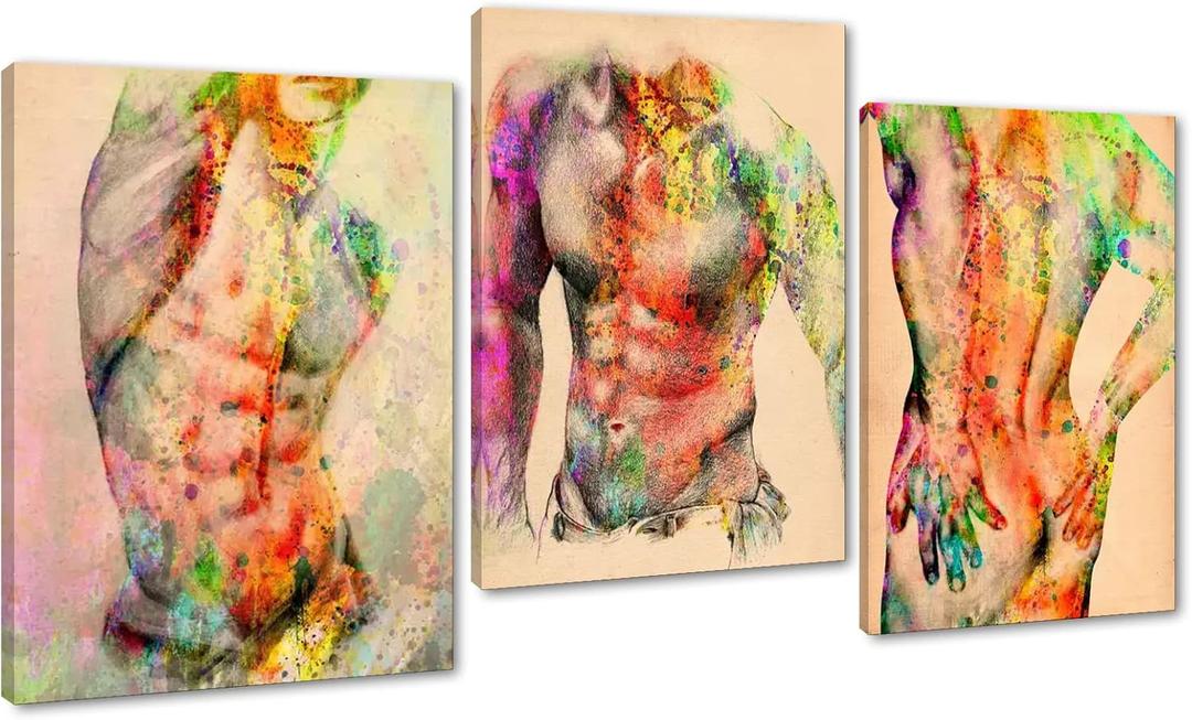Yatsen Bridge 3 Panels Nude Man Sensual Abstract Body Wall Art Painting on Canvas Home Decor for Living Room Bar Hotel Bathroom, Framed12 x16/ 3pcs
