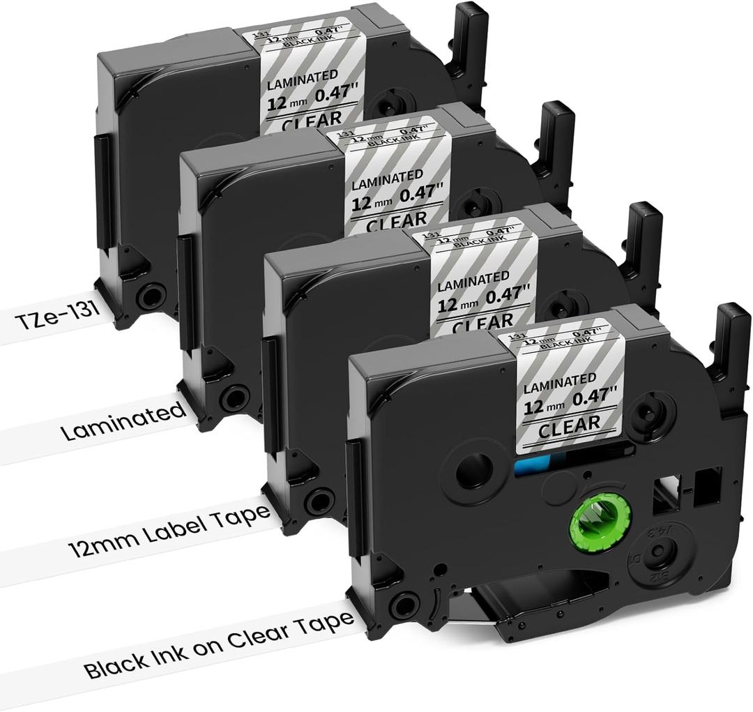 TZe TZ Tape 12mm 0.47 Laminated Clear Label Tape Replacement for Brother P Touch Label Tape TZe-131 TZe131 Black on Clear Label Maker Tape, Compatible with Brother PT-H110 D210 D220 D400 D600, 4-Pack