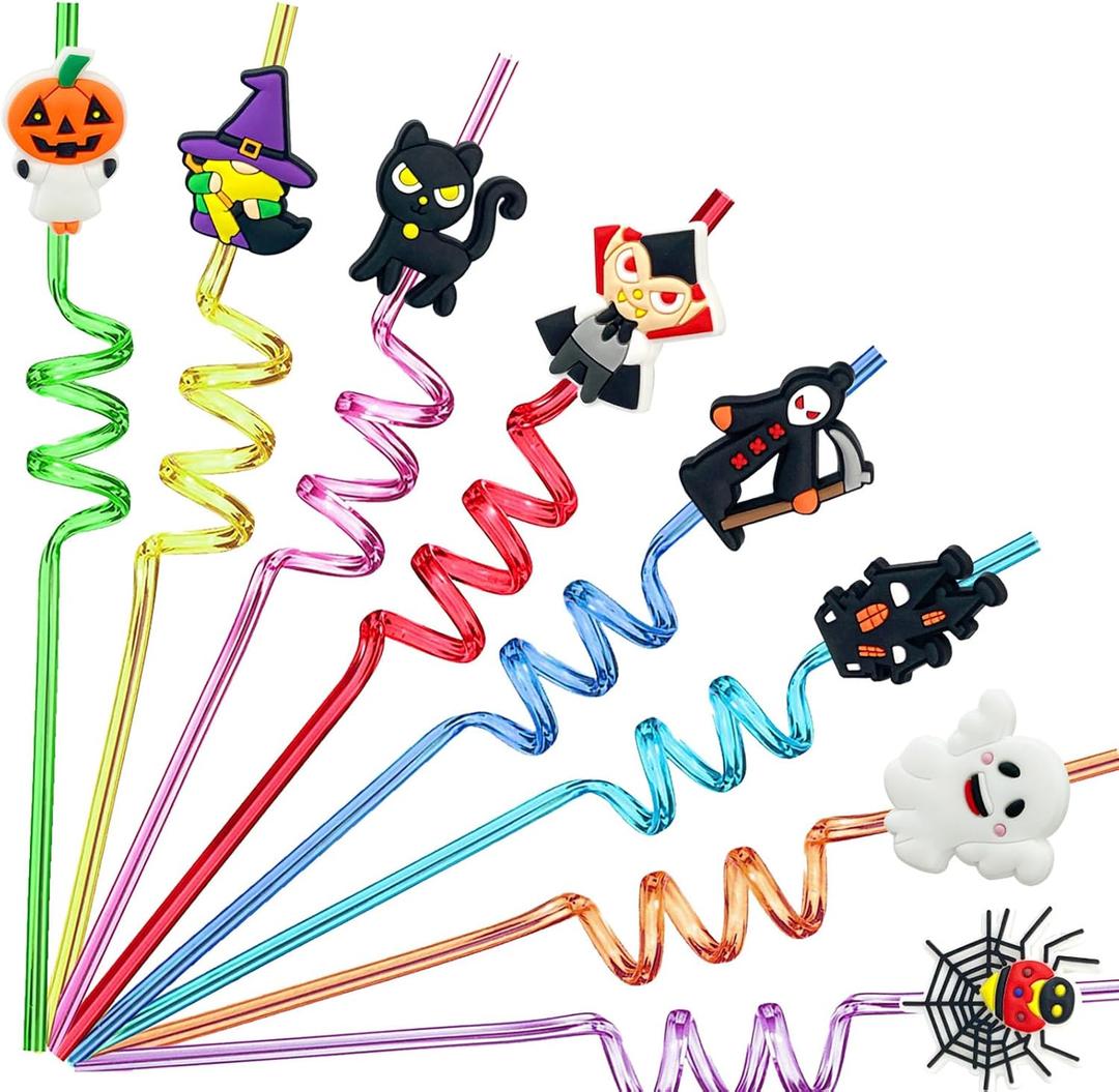 24 PCS Reusable Straws for Halloween Theme Party Birthday Decorations with 2 PCS Cleaning Brushes (Halloween Pumpkin)