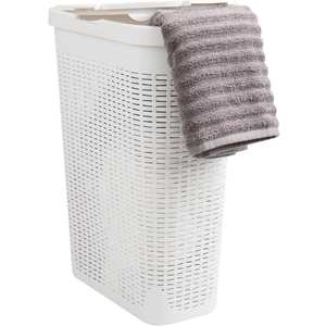 Mind Reader Slim Laundry Hamper with Lid, 40L Clothes Basket, Premium Wicker Design, Plastic, Set of 2, White