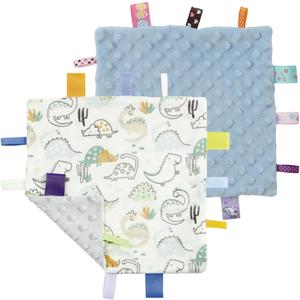 CREVENT Tag Security Blankets for Babies, Soft Small Loveys for Girls, Baby Comforter Sensory Blanket, Great Gifts for Birthday Baby Shower 10"X10" (Dinosaur+Blue)