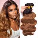 Human Hair 3 Bundles 12 14 16 Inch Ombre Brown Body Wave Bundles 2 Tone Black and Brown 100% Virgin Human Hair Brazilian Weave Remy Hair for Women(T1B/30#)