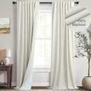 Cream Linen Boho Blackout Curtains 90 Inches Long Length 2 Panel Set Sliding Glass Door Sun Heat Blocking Curtain for Bedroom Living Room Darkening Insulating Drape Country Style Farmhouse Cottagecore