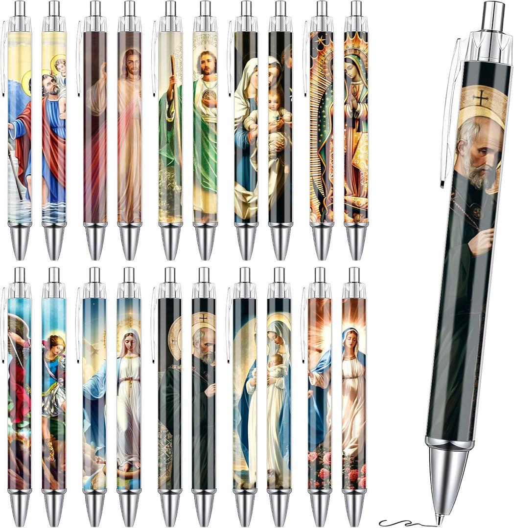 Wxiben Catholic Religious Ballpoint Pens Gifts 20PCS Christian Bible Pens Set with Catholic Saints Smooth Writing Religious Gifts for Women Men Teacher Church Office Stationery School Supplies