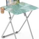 Fleecy day TV Tray Table, Folding Dinner Tray with Cup Holder Portable, Sturdy Foldable Snack Eating Table for Living Room, No Assembly Required, 15 x 18.9 x 25.6 in (Sea Blue Marble)