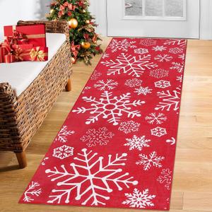 Christmas Runner Rug Xmas Snowflake Pattern Hallway Area Rug Holiday Decorative Accent Rug Runner Machine Washable Non-Slip Floor Cover Carpet for Kitchen Laundry Bedroom, Red, 2x6 Feet