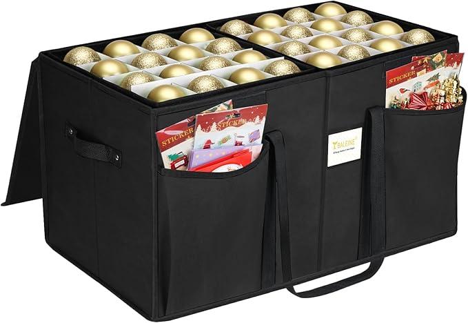 BALEINE Christmas Ornament Storage Box with Dividers, Premium Holiday Ornaments Storage Container Bin for Xmas Decorations (128 Ball, Black, Without Tray)