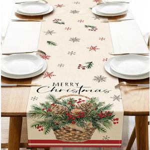 Merry Christmas Pine Basket Dining Table Runner, Xmas Red Berries Snowflake Burlap Kitchen Decoration, Winter Holiday Indoor Outdoor Home Decor Party Supply 13 x 72 Inches, Pack Of 3