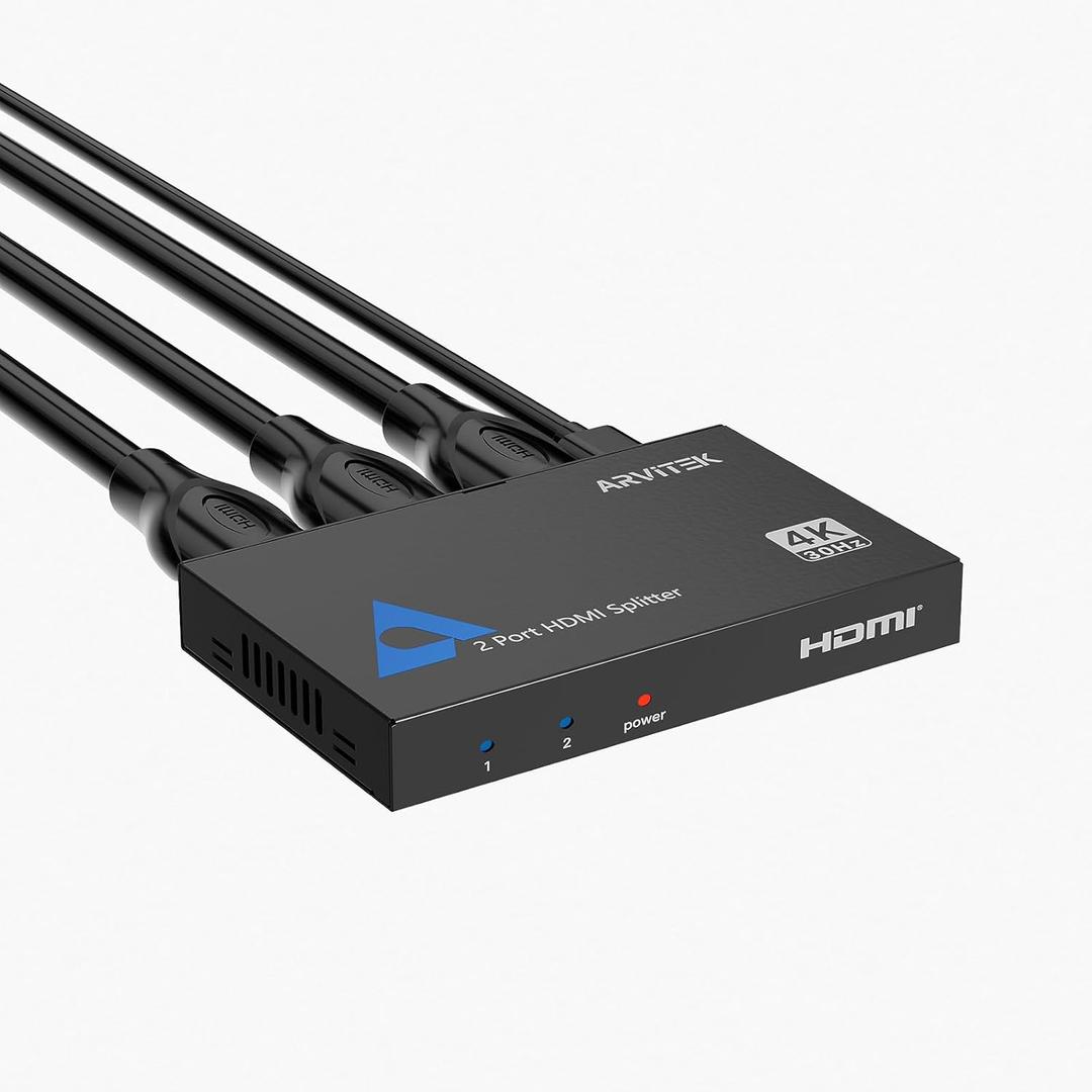 HDMI Splitter 1 in 2 Out, Arvitek 2 Port HDMI Splitter for Dual Monitors, TV, Laptop, Xbox, PS4, 4K@30Hz, Metal Housing, Mirror Only