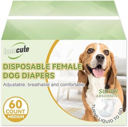 IMMCUTE Disposable Dog Diapers Female, 60 Count, Super Absorbent Dog Period Diapers Female Adjustable Waistbands & Leak-Proof Design for Heat Cycles, Incontinence | Doggie Diapers for Female Dogs