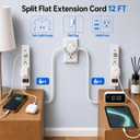 Split Extension Cord 12FT, Twin Flat Plug Power Strip with 6 AC Outlets and 6 USB Ports, 3 Prong Double Extension Cord for Behind Bed, Couch, Nightstands, Vanity and Furniture