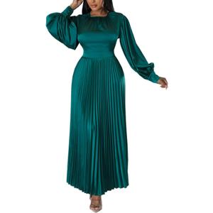 xxxiticat Women's Pleated Satin Party Dress Long Lantern Sleeve Maxi African Dresses (Green) XL