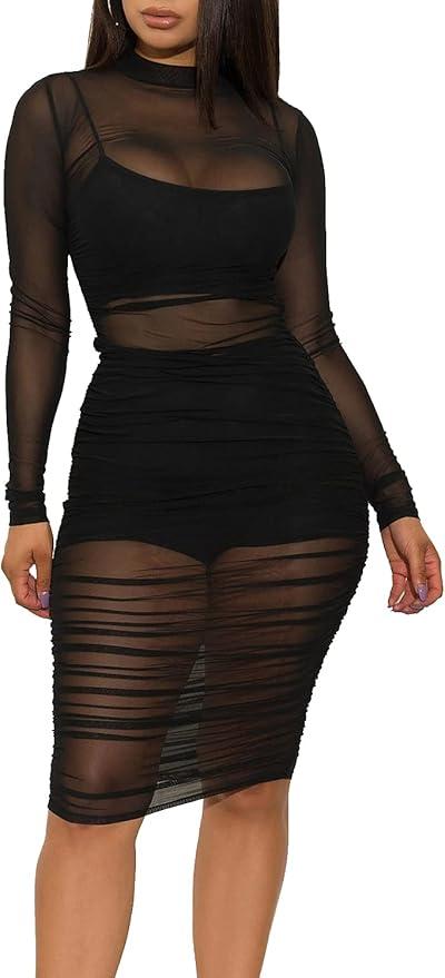 LYANER Women's 3 Piece Outfits Sexy Sheer Mesh Dress Long Sleeve Ruched Bodycon Midi Dress with Cami Shorts
 (Medium, Black)