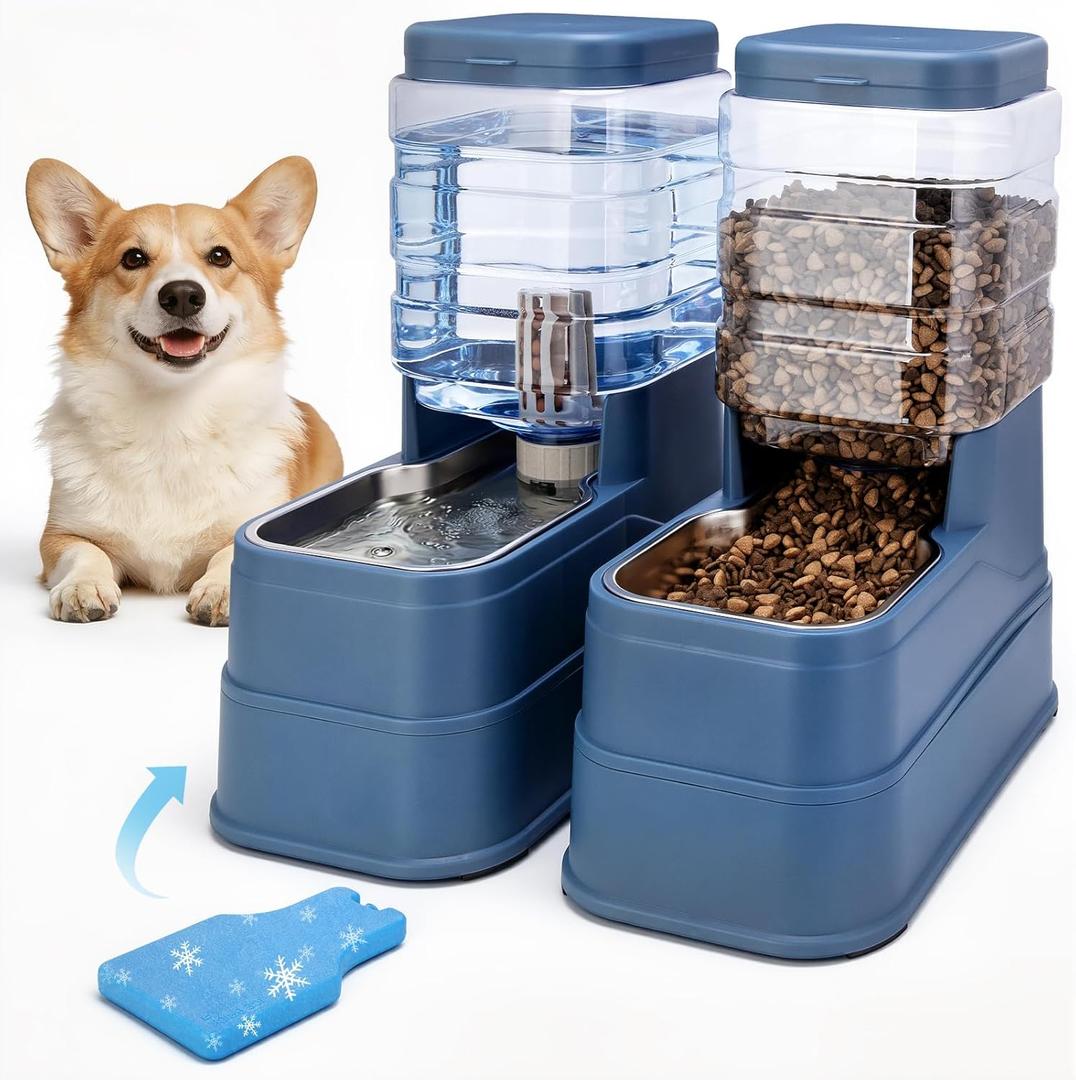 Automatic Cat Feeder and Water Dispenser with Stainless Steel Bowl with Ice Pack Gravity Food Feeder and Waterer Set Feeding Raised Bowls with Filter for Dog 1.3 Gallon x 2(Blue)
