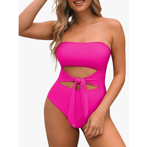 Pink Queen Women Bandeau One Piece Swimsuit Removable Strap Cutout Tie High Waist Bathing Suit Monokini , Size -XL, Pink